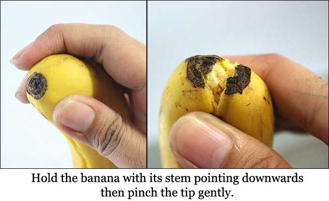 Step 1 of peeling banana